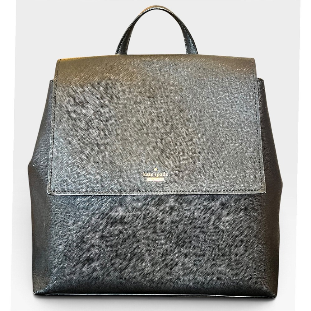 Kate Spade New York Black Saffiano Leather Flap Backpack Gold Logo WKRU3919